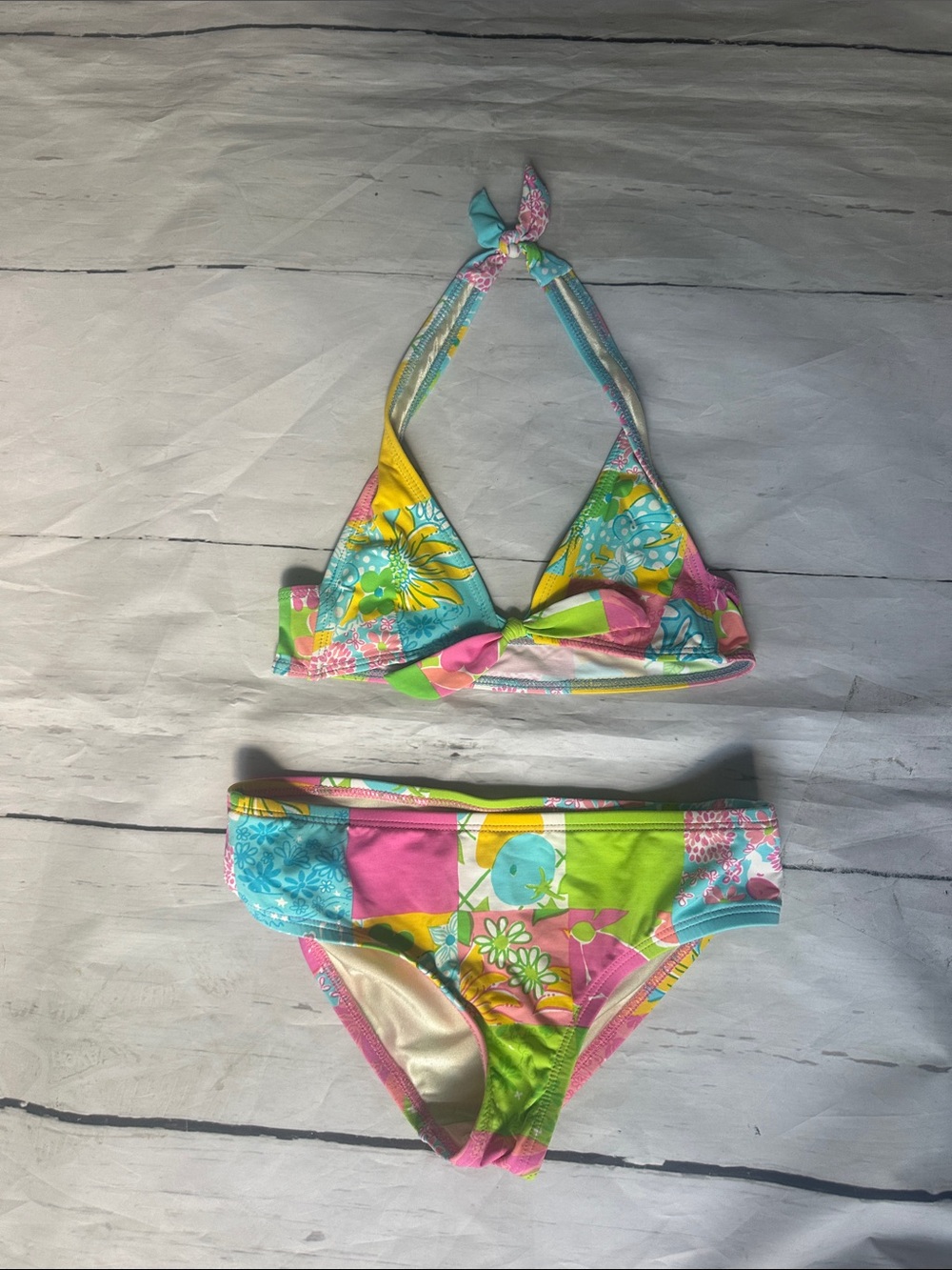 Lilly Pulitzer Girls' Floral Patchwork Halter Bikini - Pink, Blue, Yellow, Green